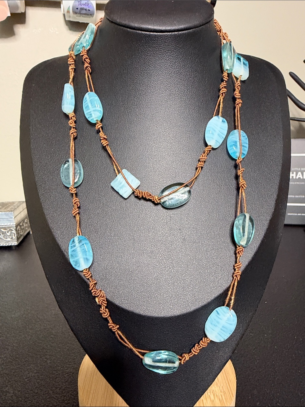 Vintage Boho Handcrafted Blue Glass Bead Necklace with Brown Cord